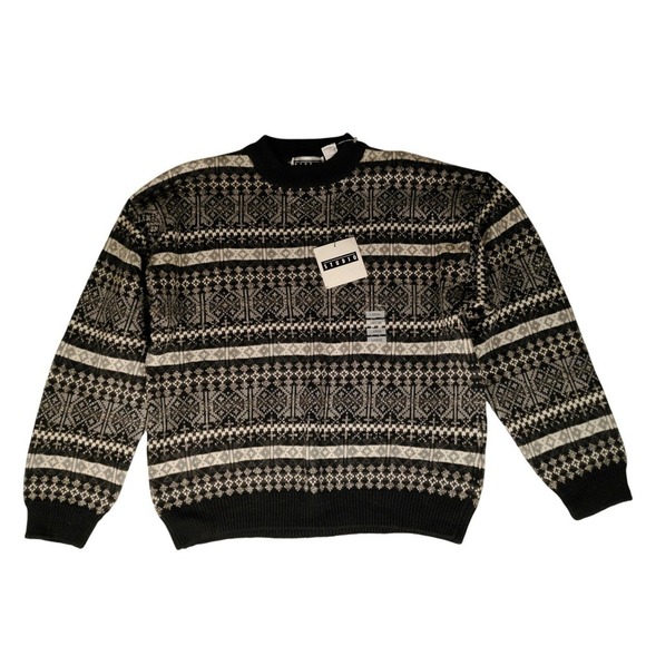 Studio Other - NWT Vintage Studio Mens Fair Isle Knit Sweater Black Gray Geometric Pattern L